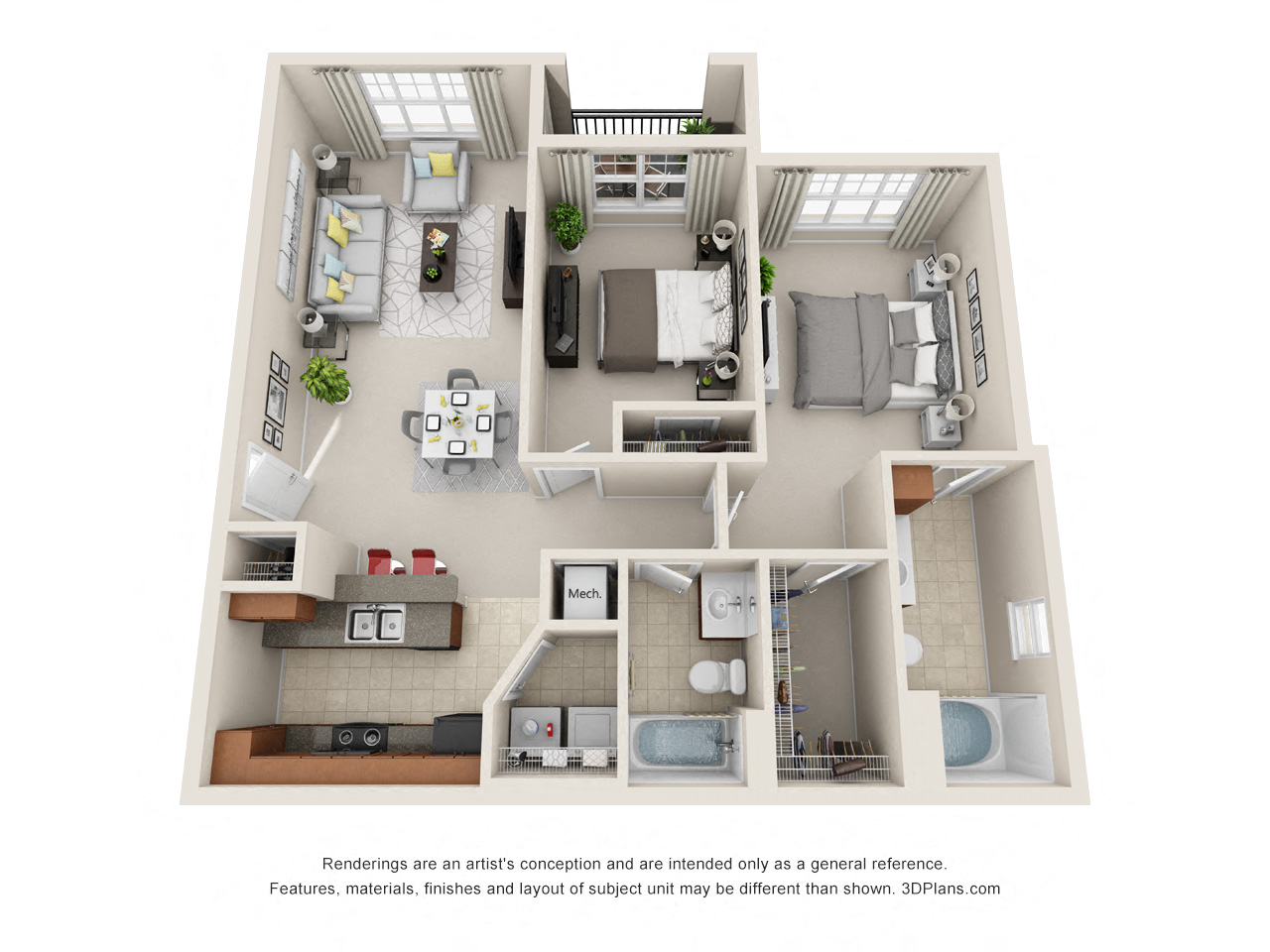 Floor plan for 2 beds, 2 baths, 1023 sqft
